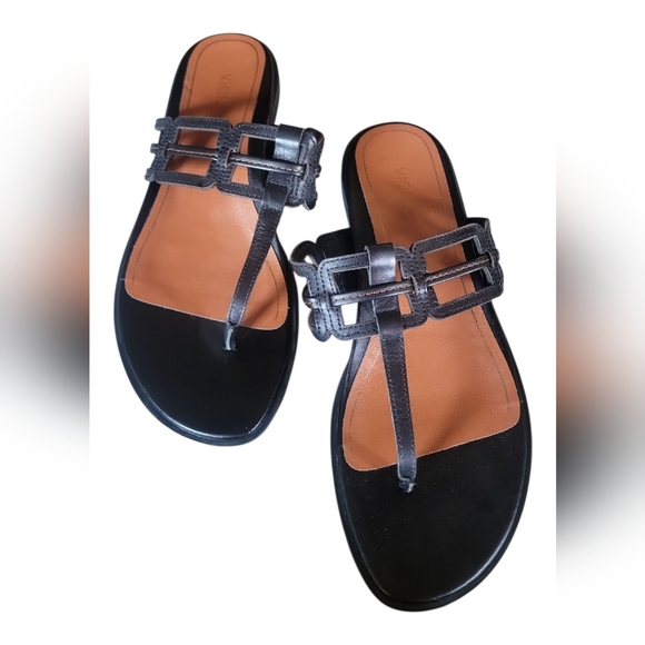 Vionic Alvana Black Women's Leather Geometic Cutout Thong  Sandals Sz 8 - Picture 1 of 9